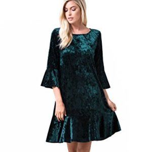 Love In Women's Ruffle Bell Sleeve Relaxed Fit Crushed Velvet Mini Dress Green